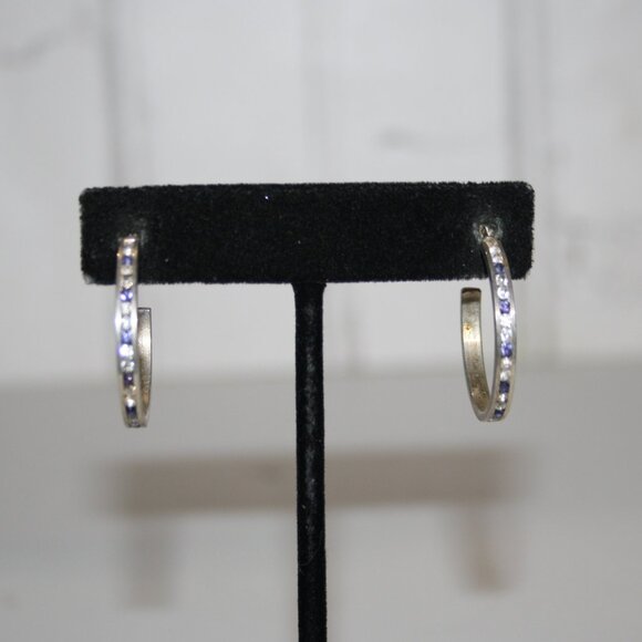 Vintagejelyfish Jewelry - Beautiful silver hoop earrings with blue and white CZ's 1"